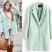  Autumn Winter Women Casual Tops Outerwear 2014 New Arrival Fashion Mint Green Lapel Double Pocket Longline Wool Coat