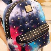 Punk Style Cool Gradient Color Rivet Denim Backpack