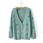 Cardigan Sweater With Embroidered Hearts In Green