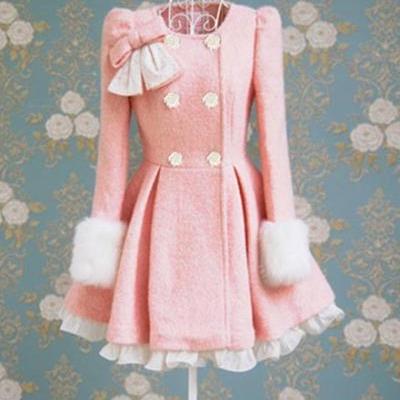 Cute Pink Woolen Autumn/Winter Overcoat With Bow Adorable Woolen Coat Winter Coat