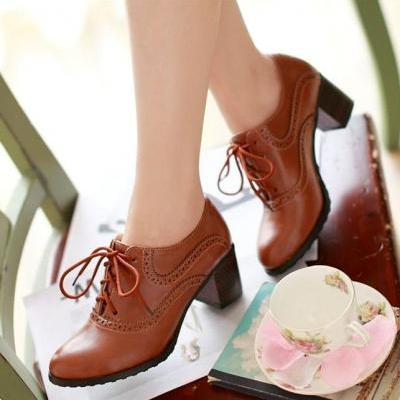 Brogue Womens Oxford Lace Up Wing Tip Retro Mid Chunky Heel Slip On Shoe 4 Color