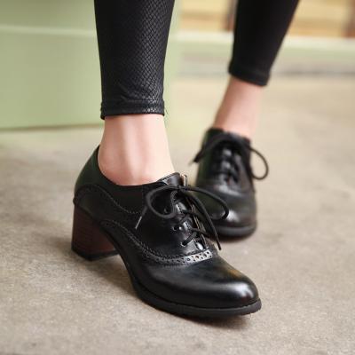 Brogue Womens Oxford Lace Up Wing Tip Retro Mid Chunky Heel Slip On Shoes Black