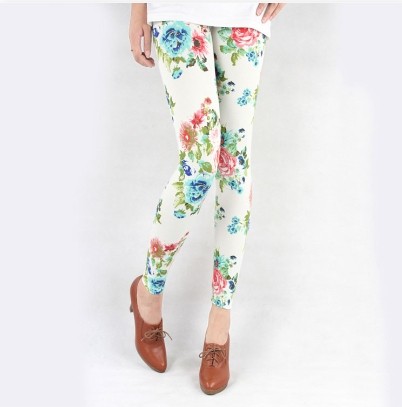 Fresh White Floral Print Leggings on Luulla