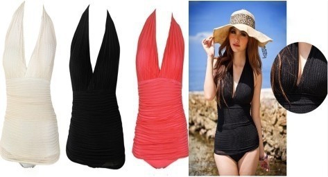Vintage One Piece Swimsuit Deep V Halter Swimwear Bathing Suits On