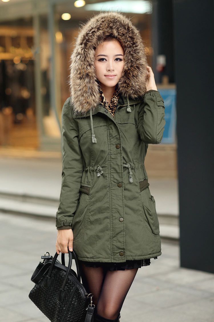 Green Womens Winter Coats Faux Fur Lining Parka With Fur Hood On