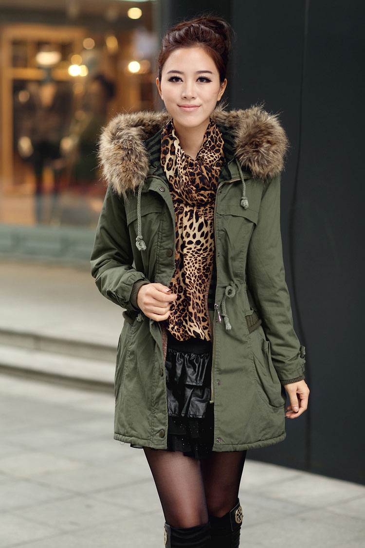 Green Womens Winter Coats Faux Fur Lining Parka With Fur Hood On Luulla