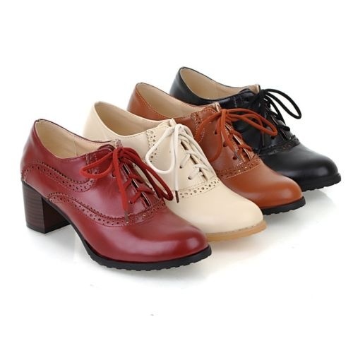 Brogue Womens Oxford Lace Up Wing Tip Retro Mid Chunky Heel Slip On ...