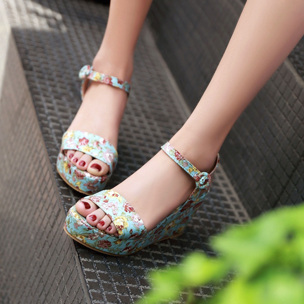 Open Toe Floral Print Wedge Platform Sandals on Luulla
