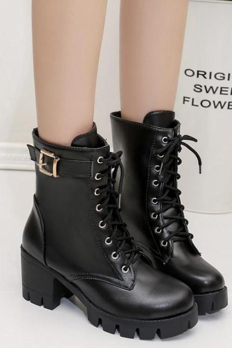 Faux Leather Lace-up Over-the-ankle Fit Combat Boots
