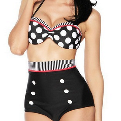 Black Blends Ladies Retro Euro Style Dot Printing Slim Sexy High-waisted Swimsuit S/M/L