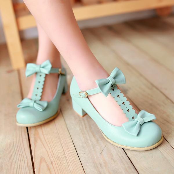Women Cute Bow Tie T Style Round Toe Ankle Strap Chunky