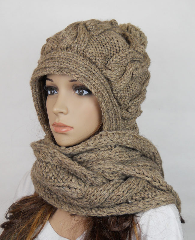 Handmade Knitted Crochet Hooded Scarf Hat Woman Clothing Wool on Luulla