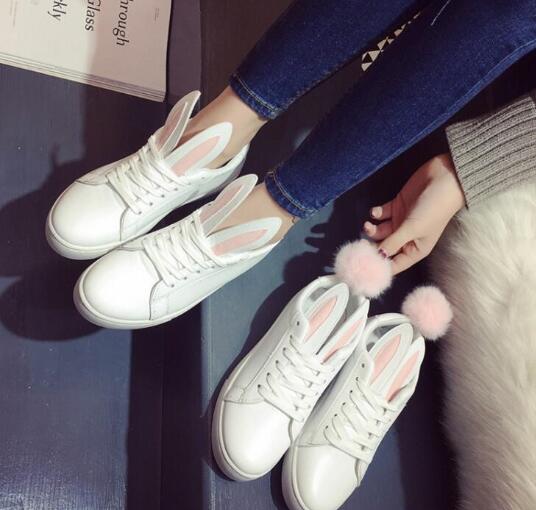 Bunny Ears Leather Sneakers Featuring Pom Poms on Luulla